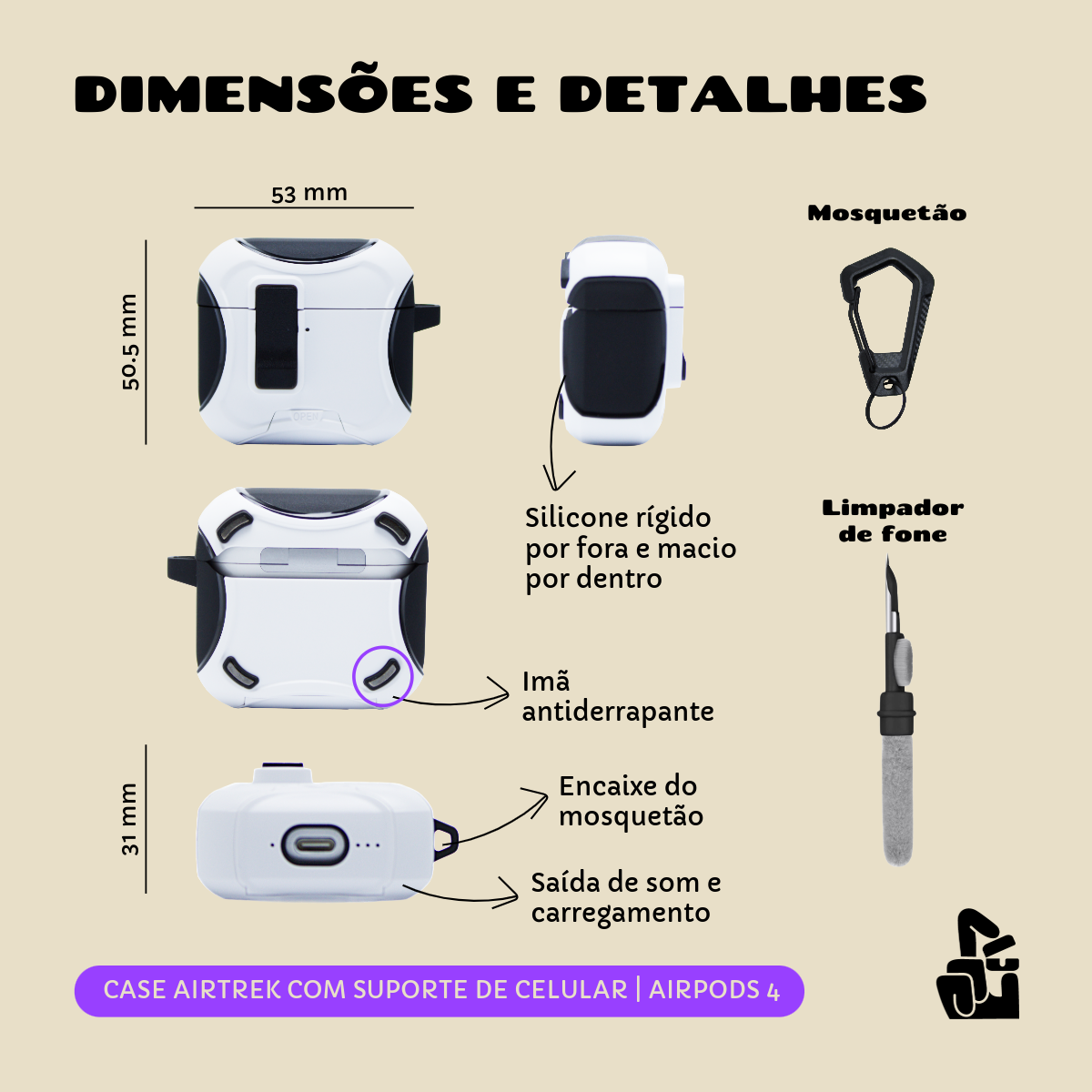 Kit Limpador para Fones e Capa Airtrek Nerdcase para AirPods 4, Suporte Adaptado, Preto e Branco