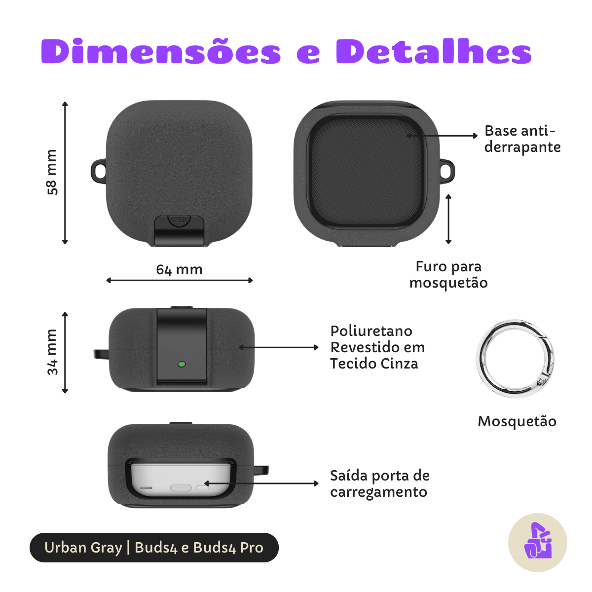 Capa Protetora Urban Nerdcase para Samsung Galaxy Buds 4, Cinza, Com Suporte Adaptado