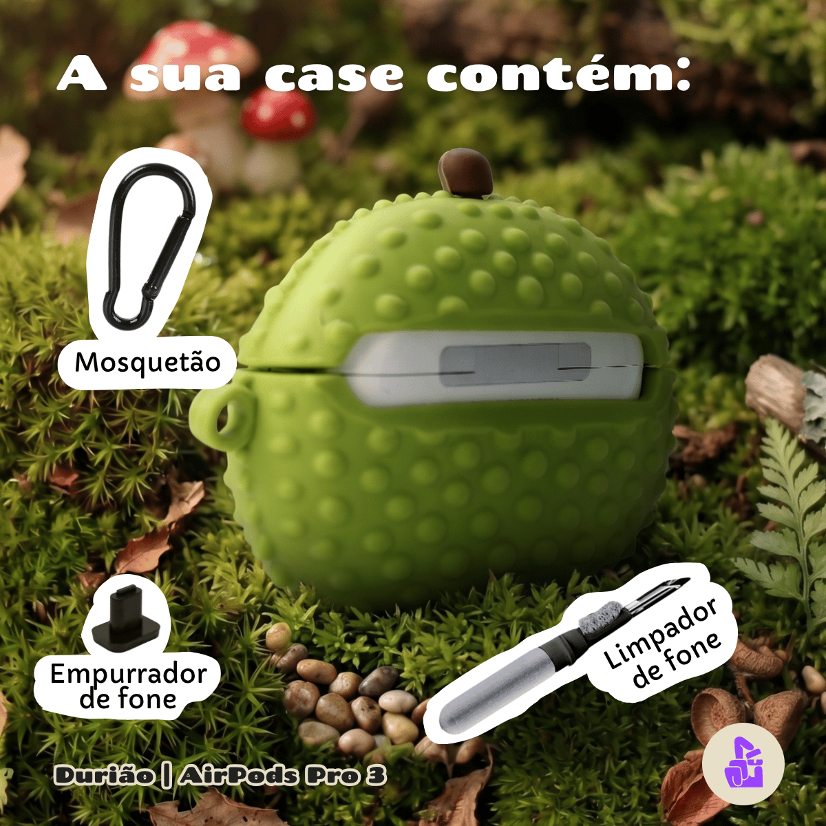 Kit Limpador para Fones e Capa de Silicone Nerdcase para AirPods Pro 3, Porco Espinho Durião