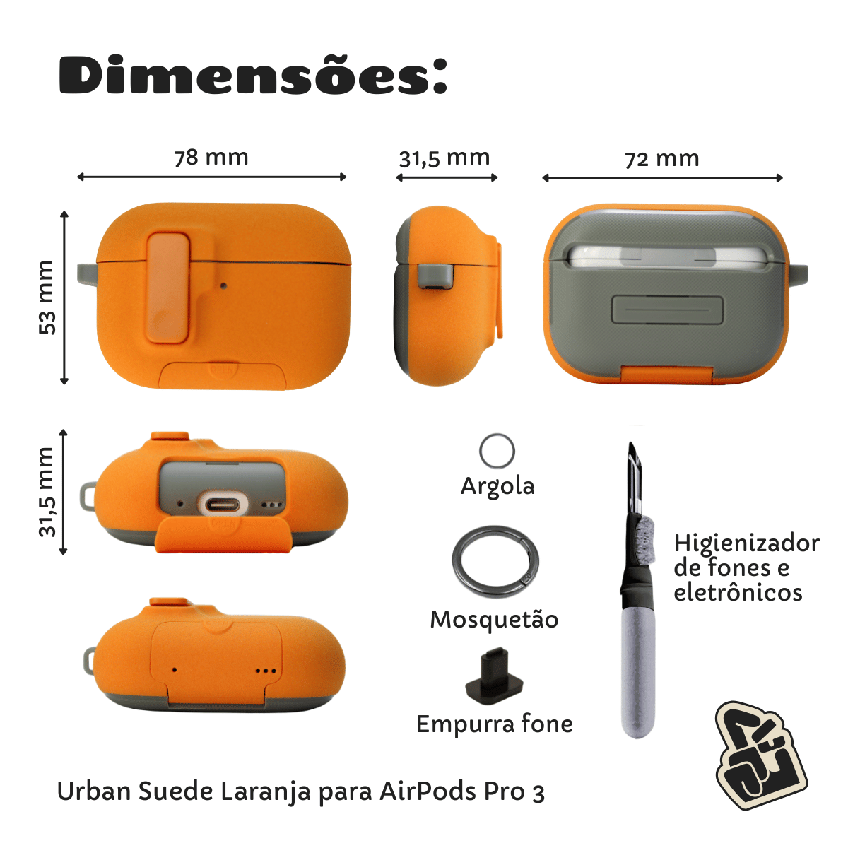Kit Limpador para Fones e Capa Protetora de Silicone Nerdcase para AirPods Pro 3, Urban Suede Laranja