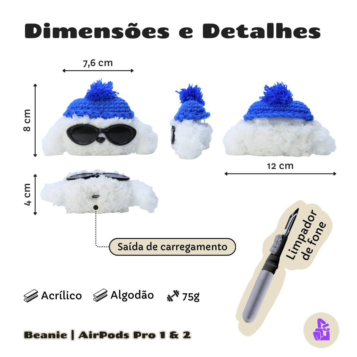 Kit Limpador para Fones e Capa de Pelúcia Nerdcase para AirPods Pro 1 e 2, Cachorro Beanie
