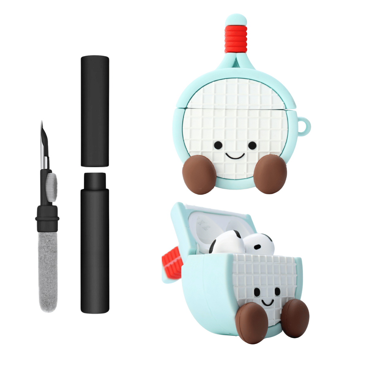 Kit Limpador para Fones e Capa Protetora de Silicone Nerdcase para AirPods 4, Raquete Azul
