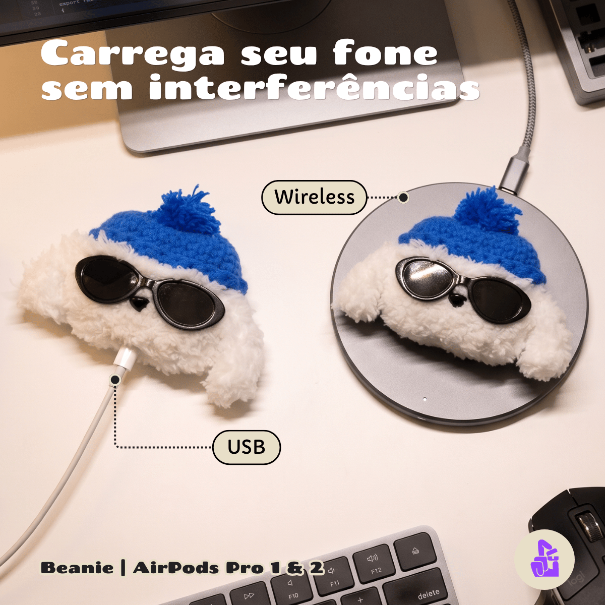 Kit Limpador para Fones e Capa de Pelúcia Nerdcase para AirPods Pro 1 e 2, Cachorro Beanie