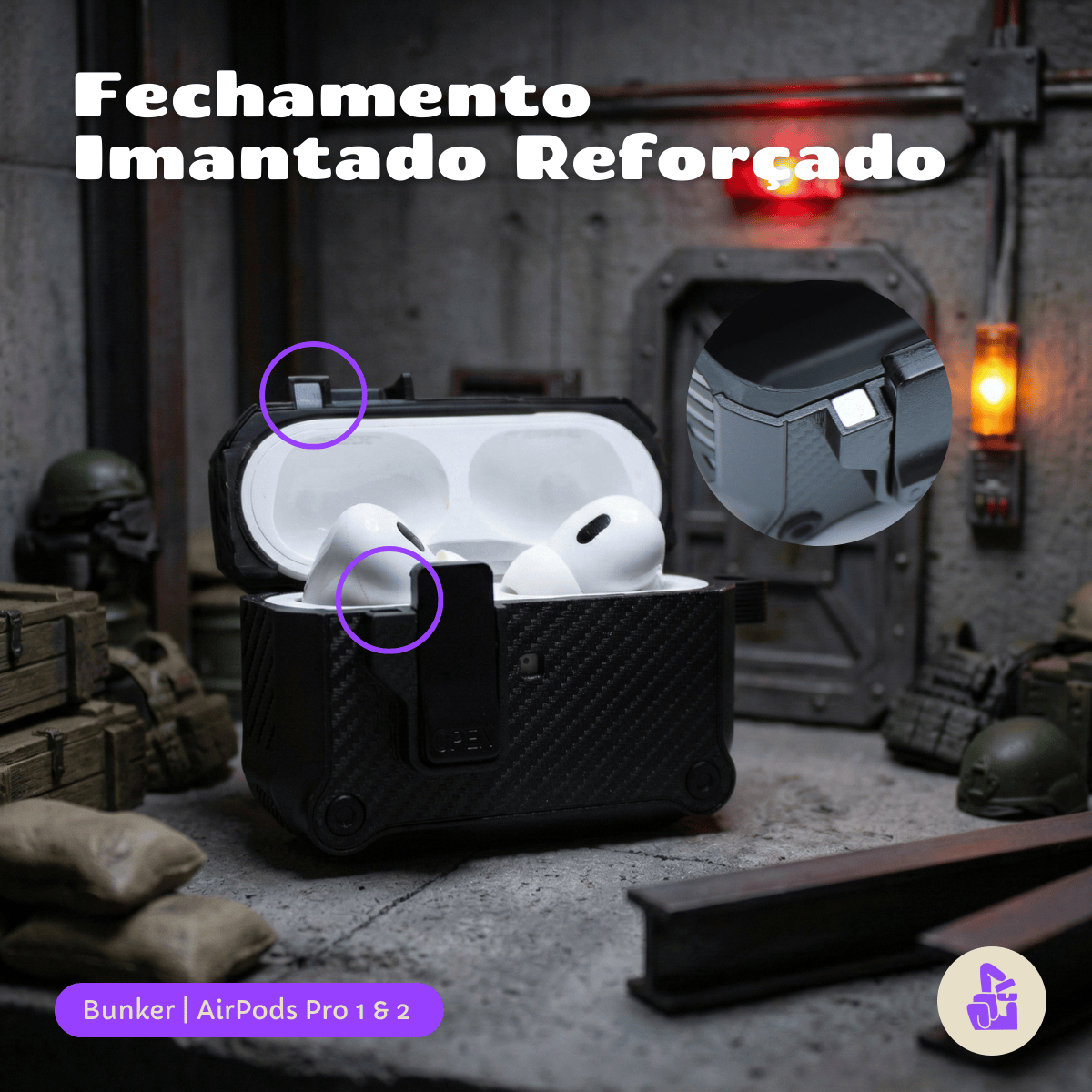 Kit Limpador para Fones e Capa Protetora Bunker Nerdcase para AirPods Pro 1 e 2, Preto