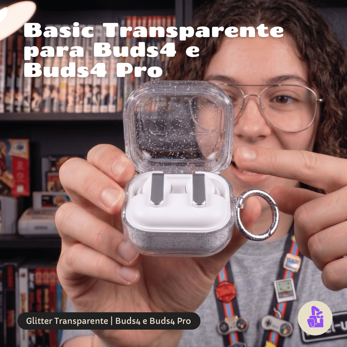 Capa Protetora de Silicone Nerdcase para Samsung Galaxy Buds 4, Buds 4 Pro, Transparente com Glitter