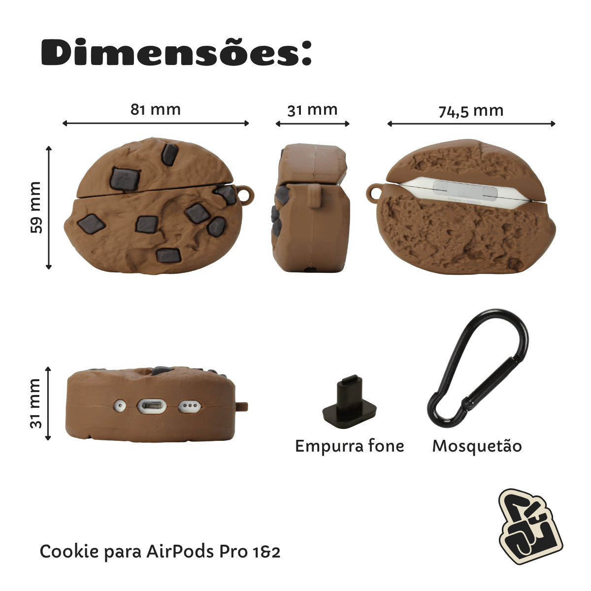 Capa Protetora de Silicone Nerdcase para AirPods Pro 1 e 2, Cookie de Chocolate