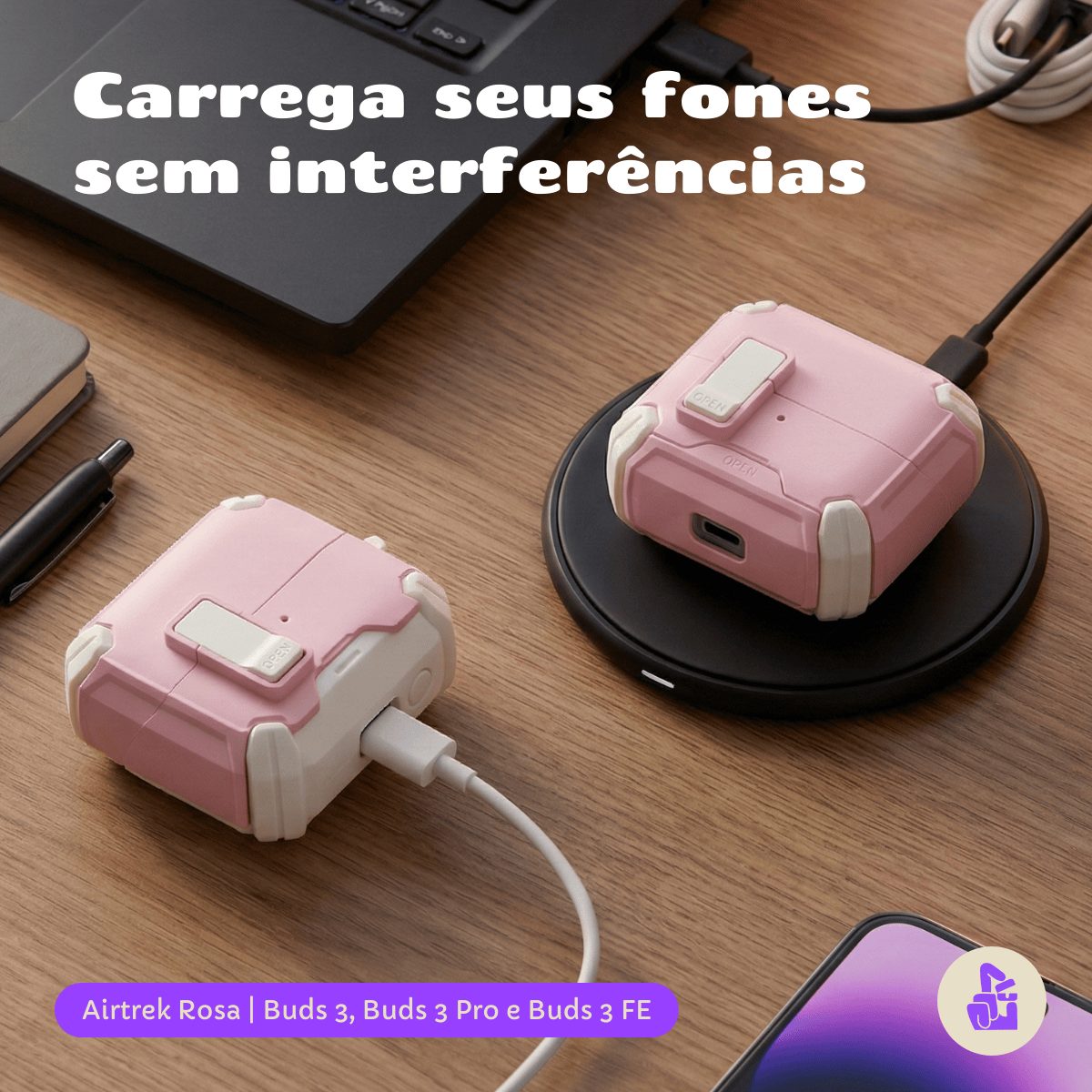 Kit Limpador para Fones e Capa Protetora Airtrek Nerdcase para Galaxy Buds 3, Buds Pro 3, Buds3 FE, Suporte Adaptado, Ro