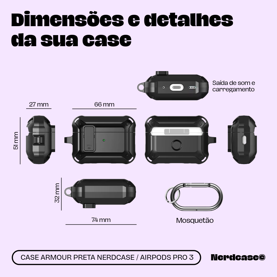 Capa Protetora Armour Nerdcase para Airpods Pro 3, Resistente Preta
