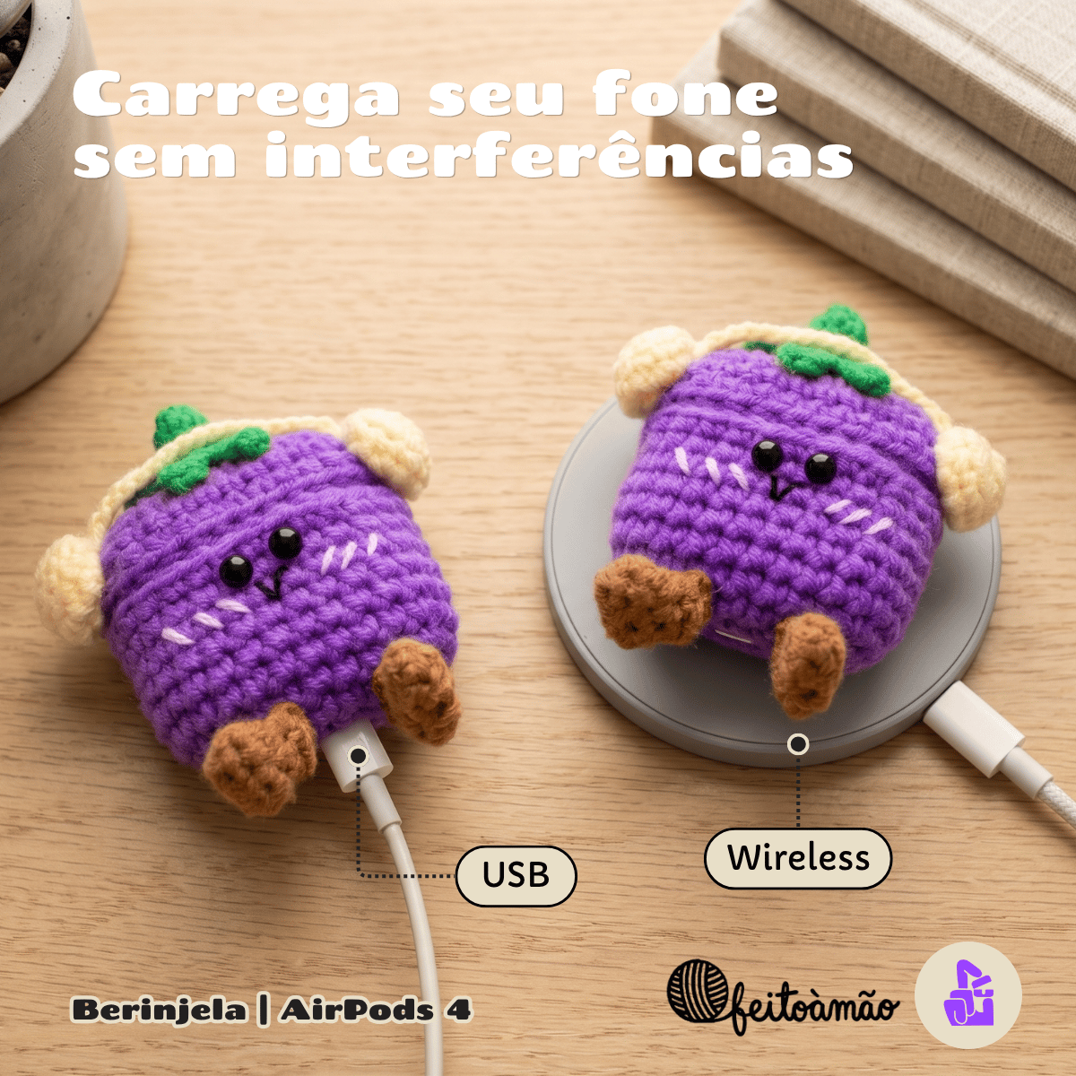 Kit Limpador para Fones e Capa Protetora Nerdcase para AirPods 4, Amigurumi Beringela