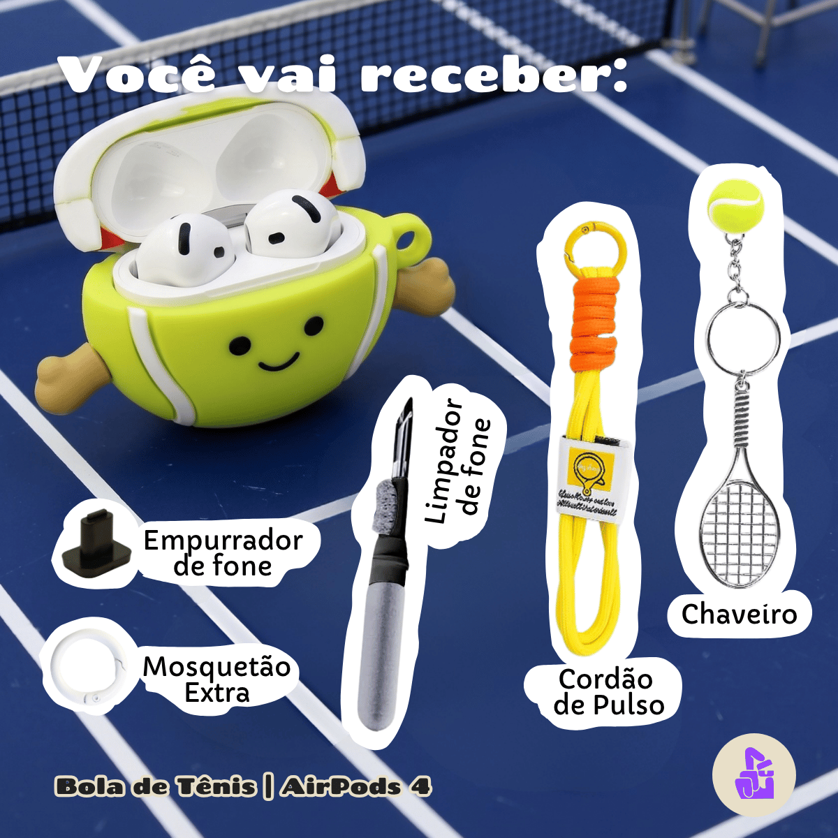 Kit Limpador para Fones e Capa Protetora de Silicone Nerdcase para AirPods 4, Bola de Tênis