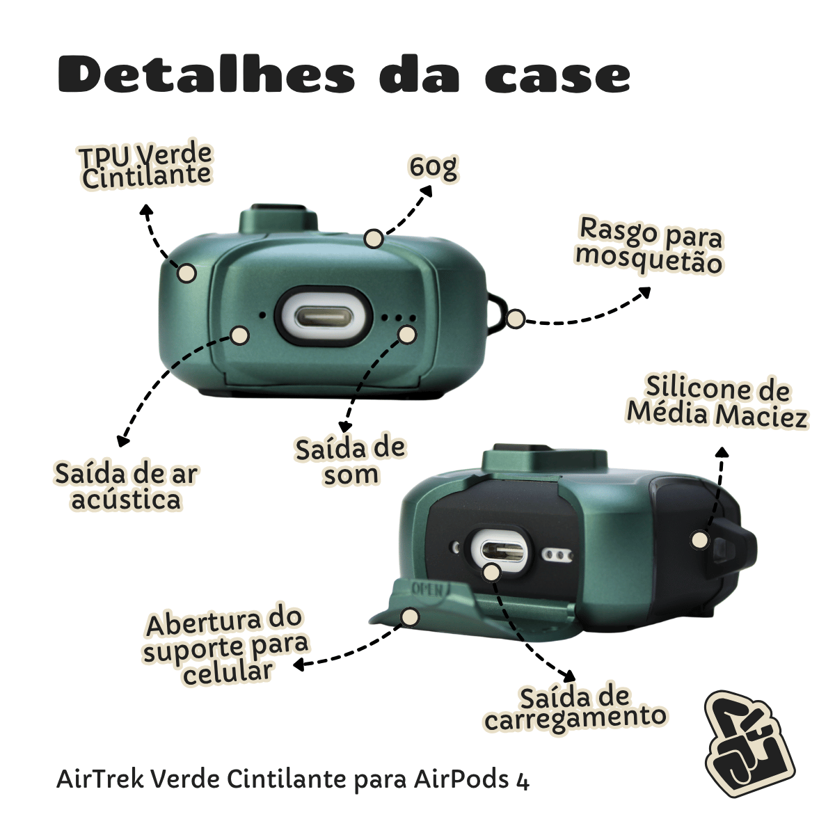 Kit Limpador para Fones e Capa Protetora Airtrek Nerdcase para AirPods 4, Suporte Adaptado, Verde Cintilante
