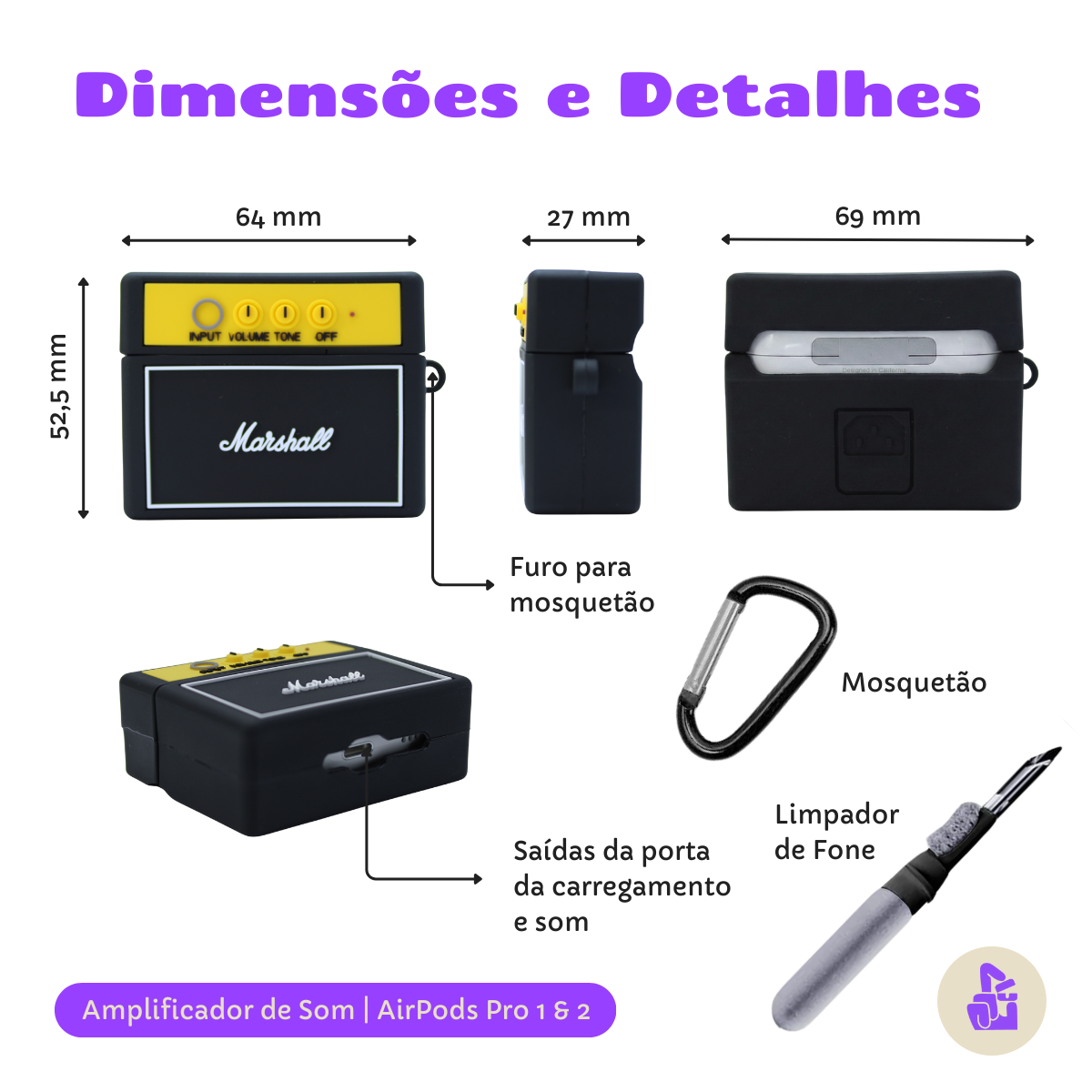 Kit Limpador para Fones e Capa Protetora Nerdcase para AirPods Pro 1 e 2, Amplificador
