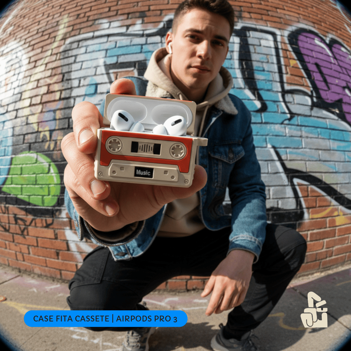 Kit Limpador para Fones e Capa Protetora Nerdcase para AirPods Pro 3, Fita Cassete Retrô