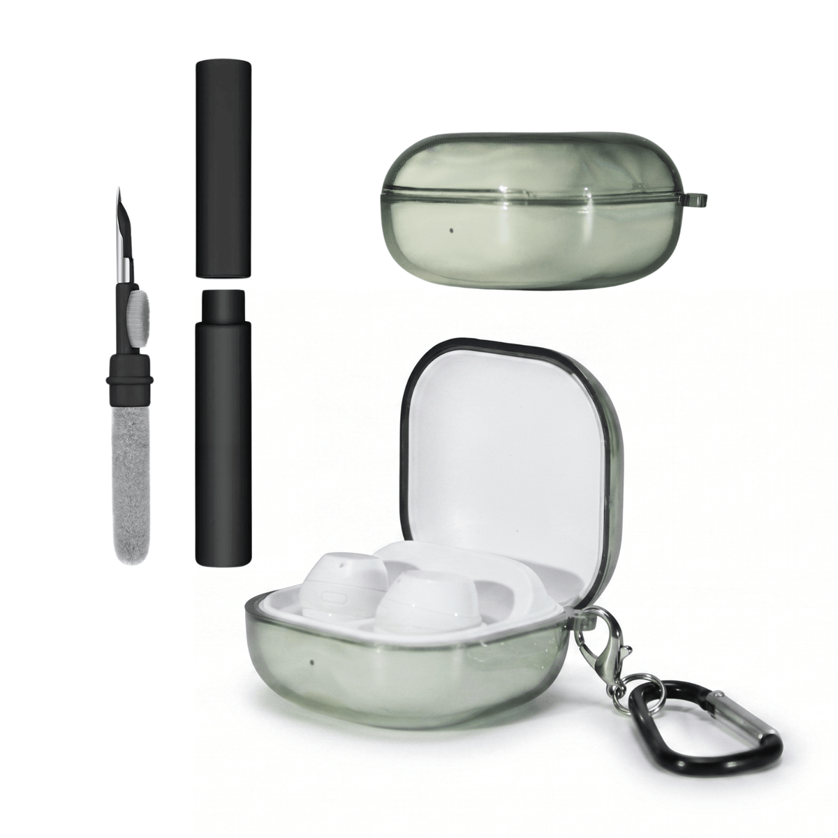 Kit Limpador para Fones e Capa Protetora Nerdcase para Galaxy Buds 2, Core, FE, Live e Pro, Silicone, Verde Transparente