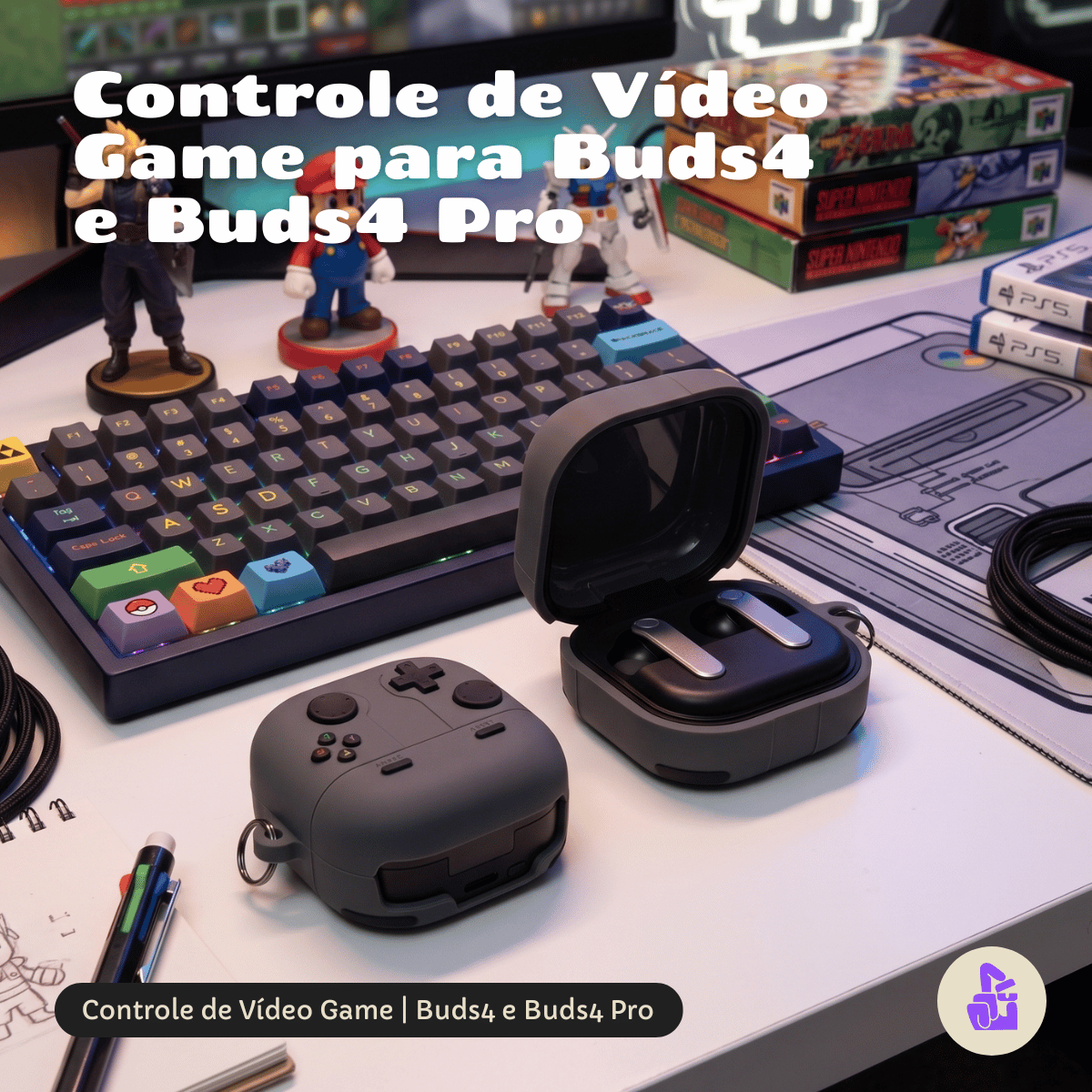 Capa Protetora Nerdcase para Samsung Galaxy Buds 4, Controle Videogame