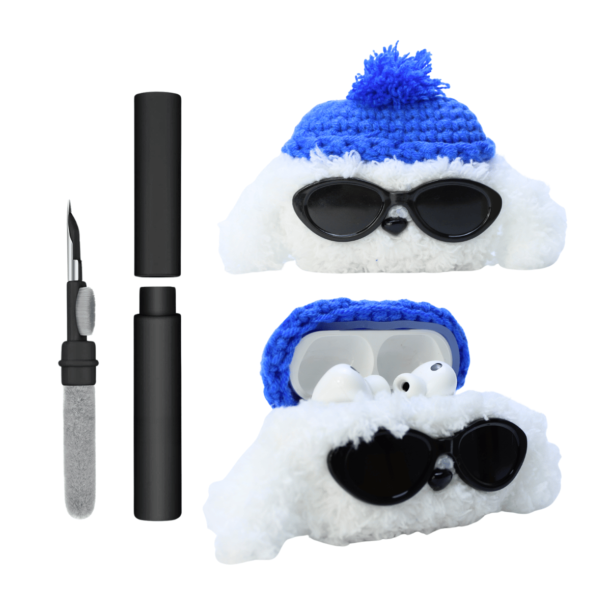 Kit Limpador para Fones e Capa de Pelúcia Nerdcase para AirPods Pro 1 e 2, Cachorro Beanie