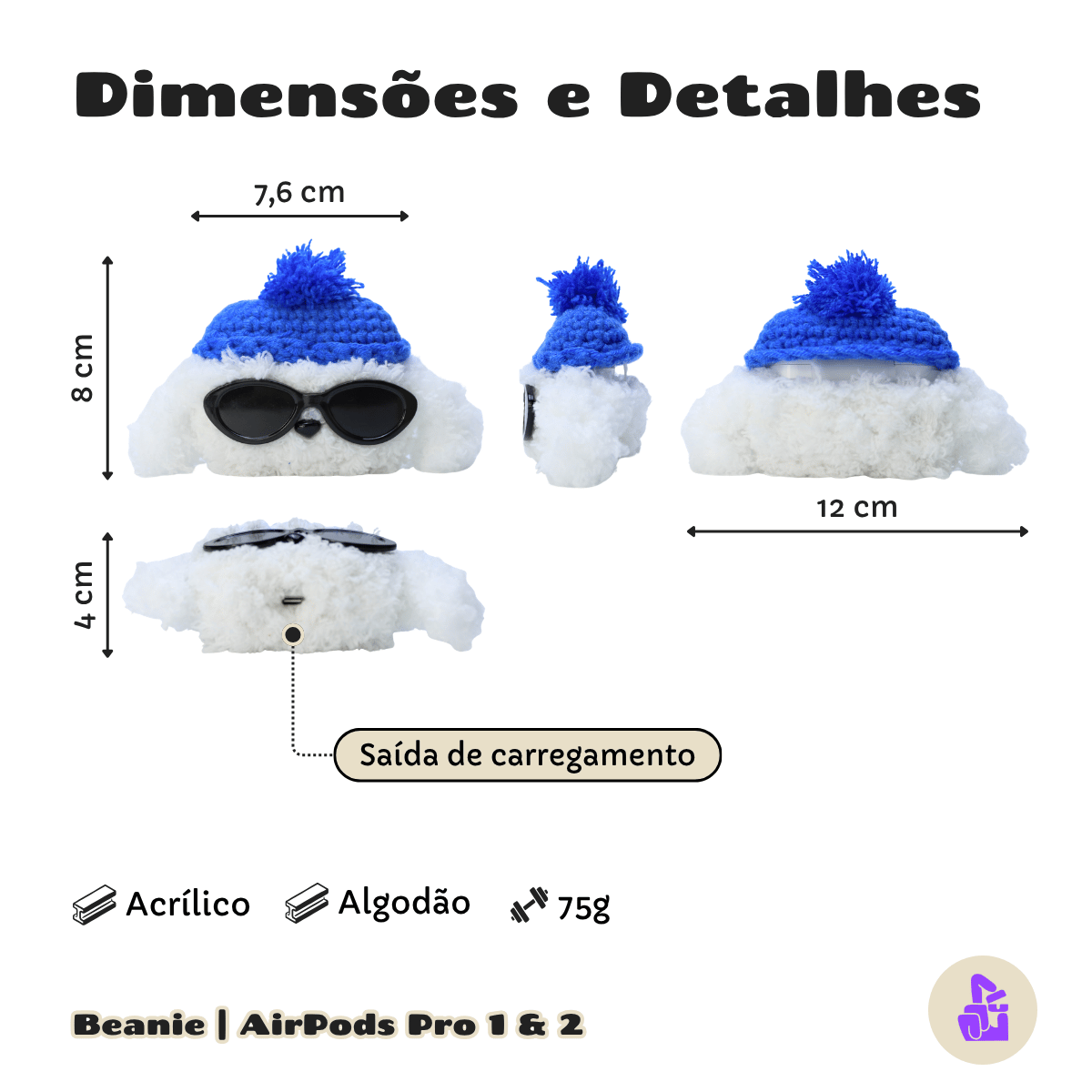 Capa de Pelúcia Nerdcase para AirPods Pro 1 e 2, Cachorro Beanie