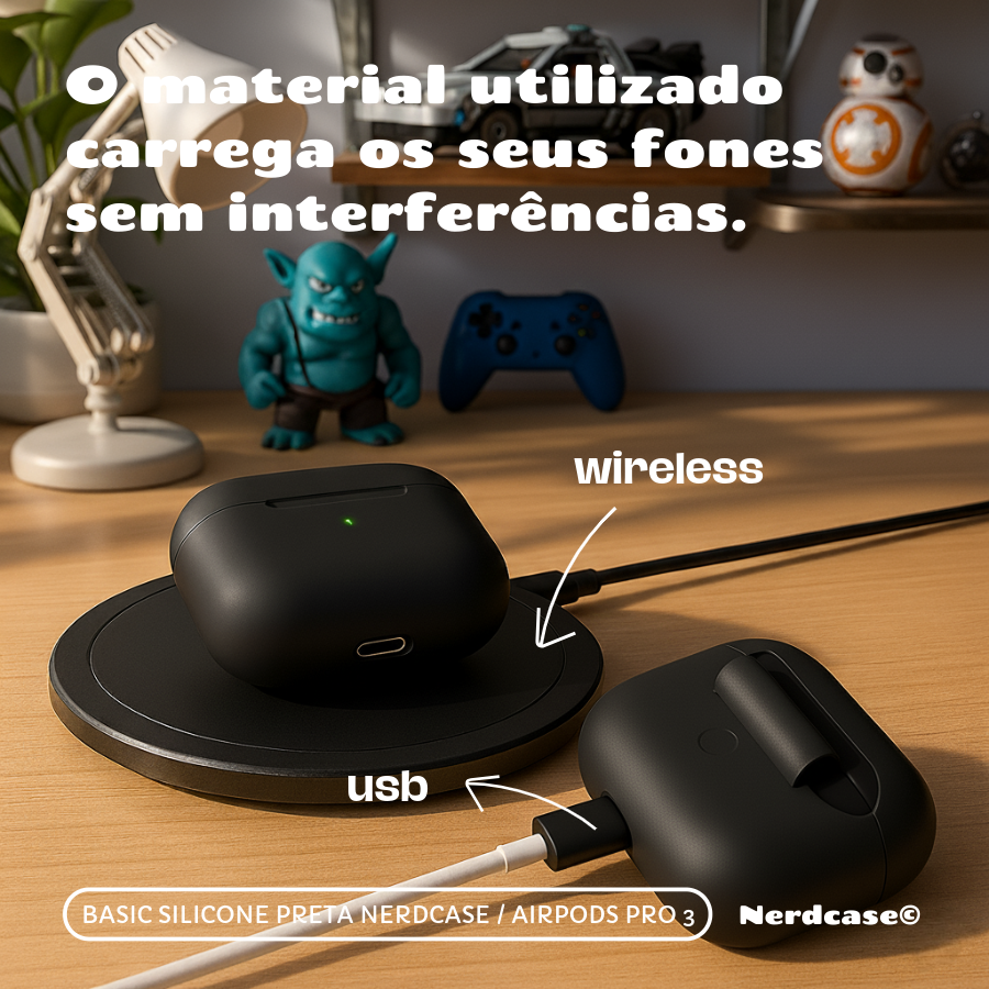 Kit Limpador para fones e Capa Protetora de Silicone Nerdcase para AirPods Pro 3, Preta
