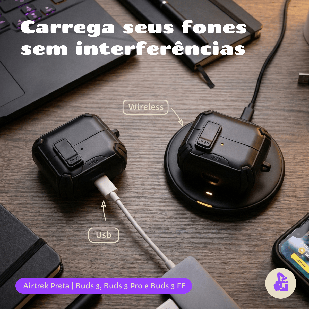 Kit Limpador para Fones e Capa Protetora Airtrek Nerdcase para Galaxy Buds 3, Buds Pro 3, Buds3 FE, Suporte Adaptado, Pr