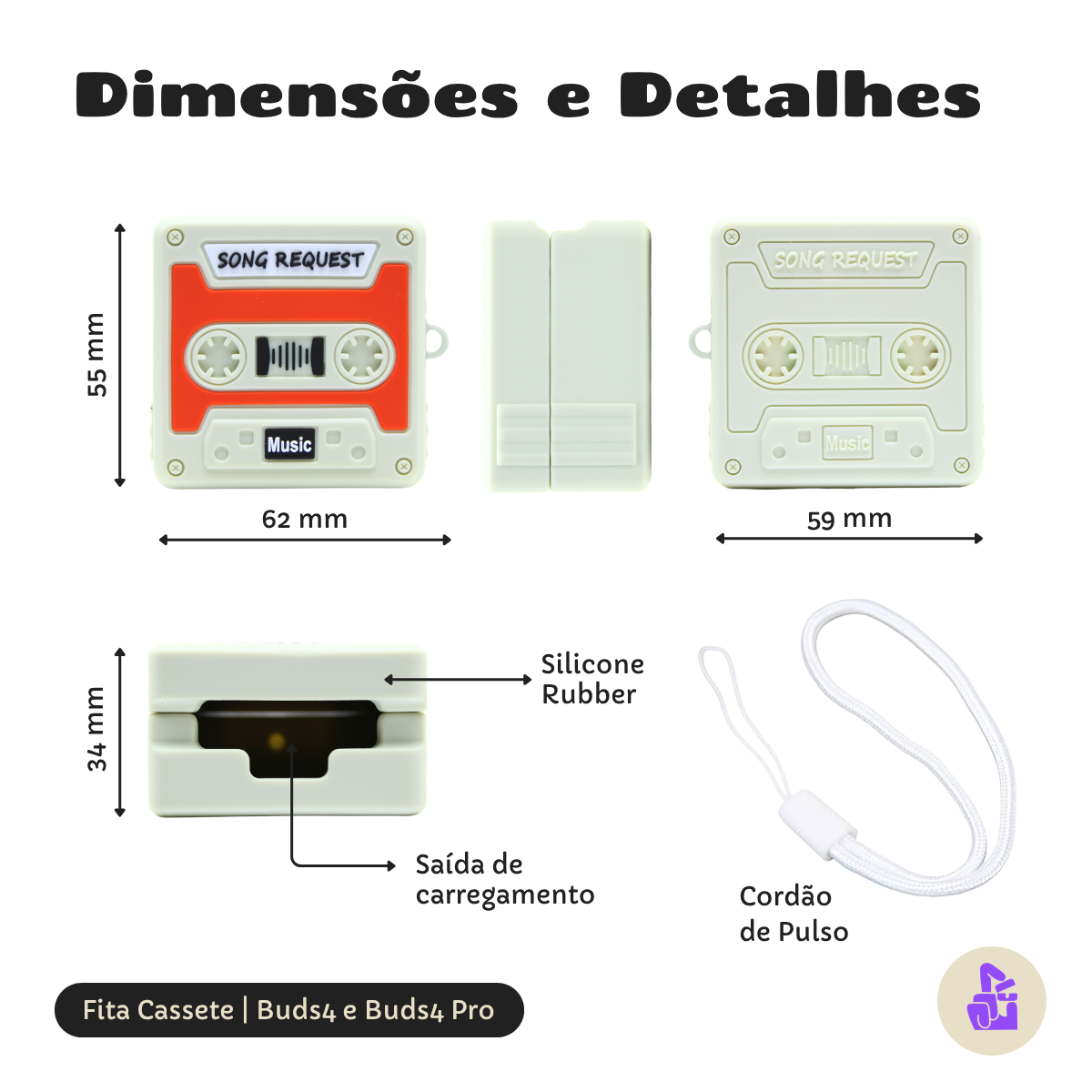 Capa Protetora Nerdcase para Samsung Galaxy Buds 4, Silicone, Formato Fita Cassete, Bege e Laranja