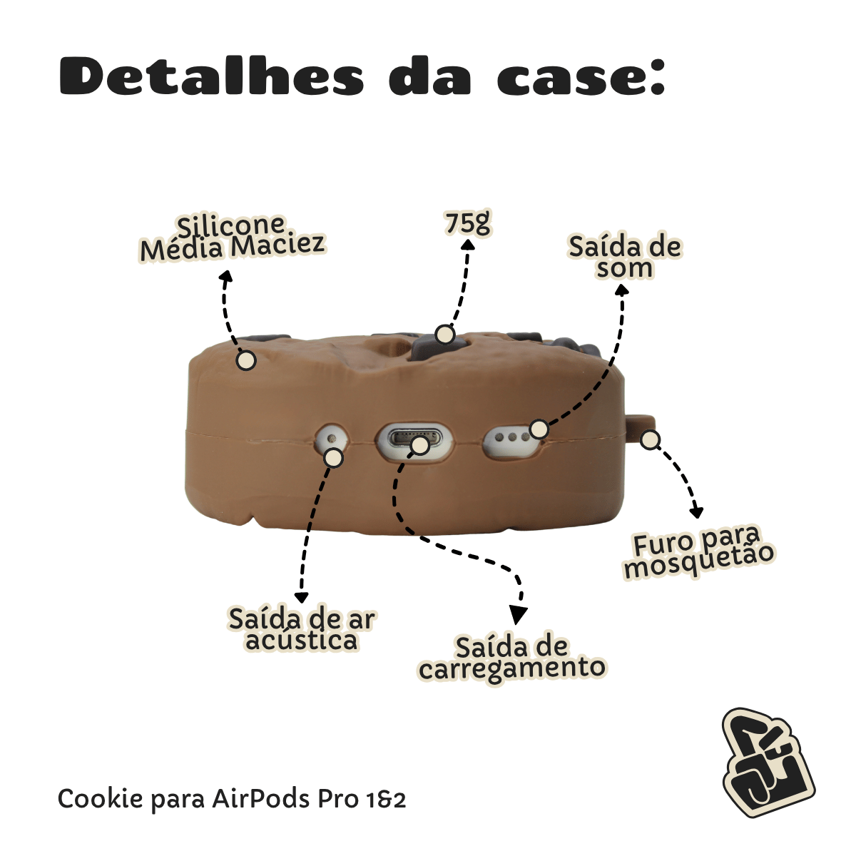 Kit Limpador para Fones e Capa Protetora de Silicone Nerdcase para AirPods Pro 1 e 2, Cookie de Chocolate