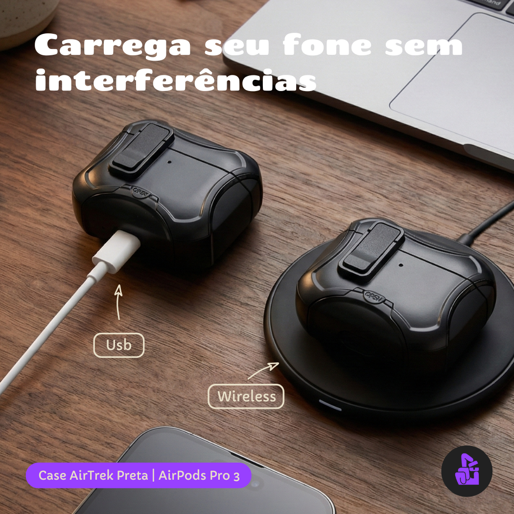 Kit Limpador para Fones e Capa Protetora Airtrek Nerdcase para AirPods Pro 3, Suporte Adaptado, Preto