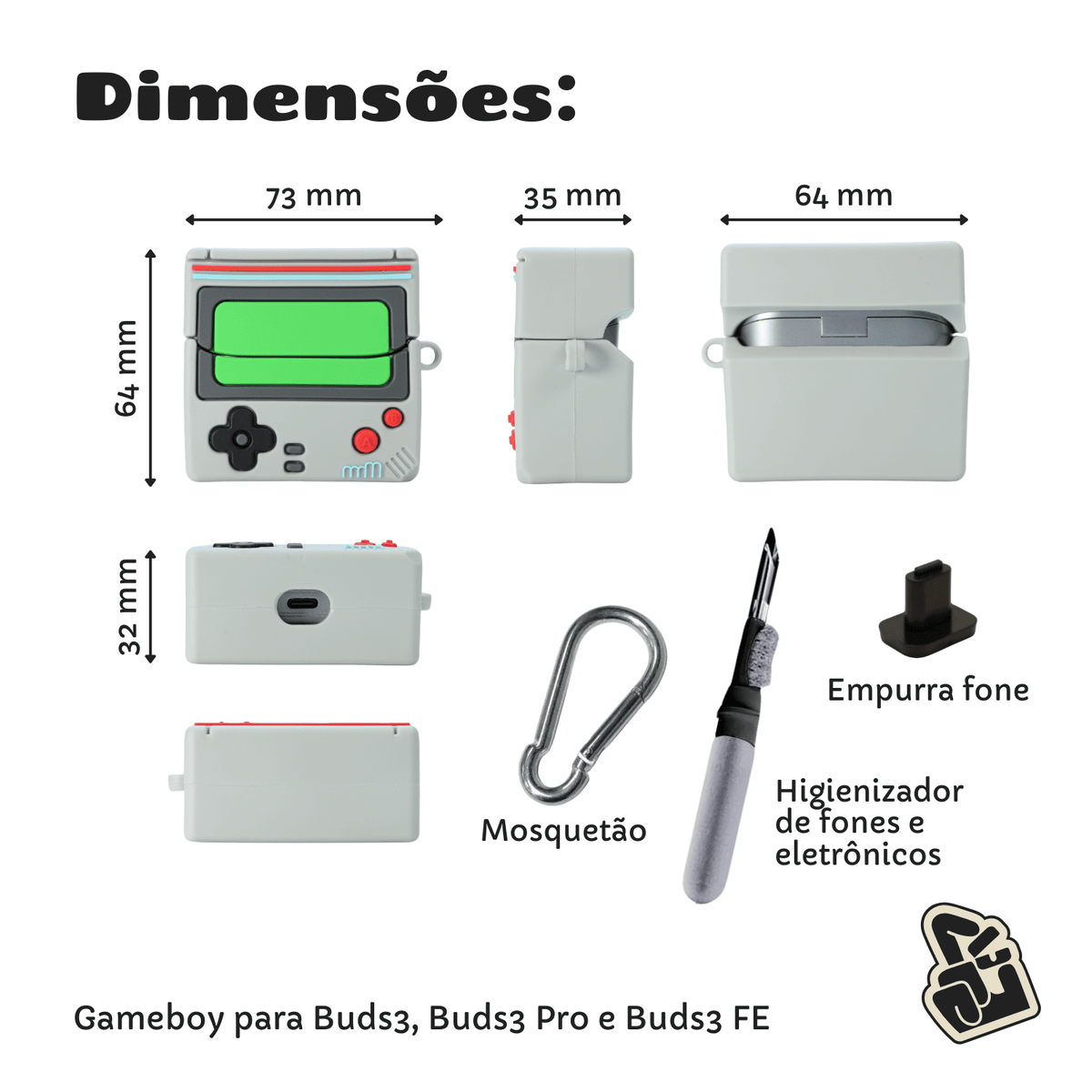 Kit Limpador para Fones e Capa Protetora Nerdcase para Galaxy Buds 3, Buds 3 Pro, Buds 3 Fe, Silicone, Gameboy
