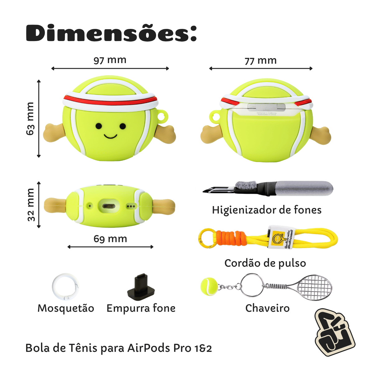 Kit Limpador para Fones e Capa Protetora de Silicone Nerdcase para AirPods Pro 1 e 2, Bola de Tênis
