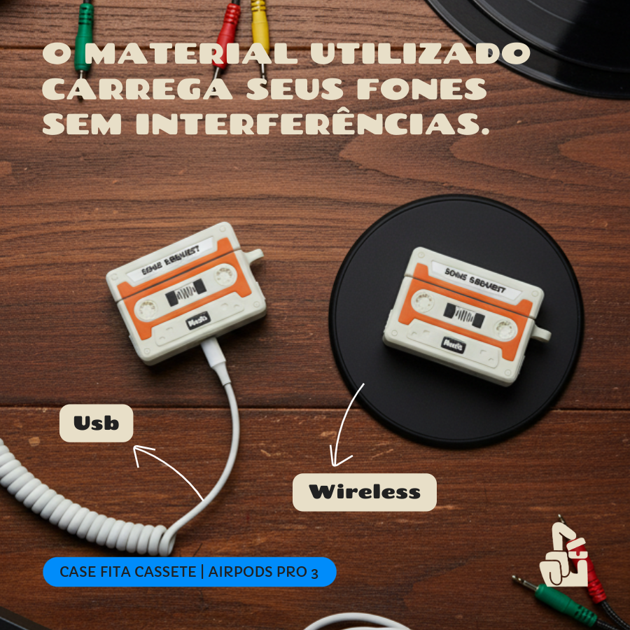 Kit Limpador para Fones e Capa Protetora Nerdcase para AirPods Pro 3, Fita Cassete Retrô