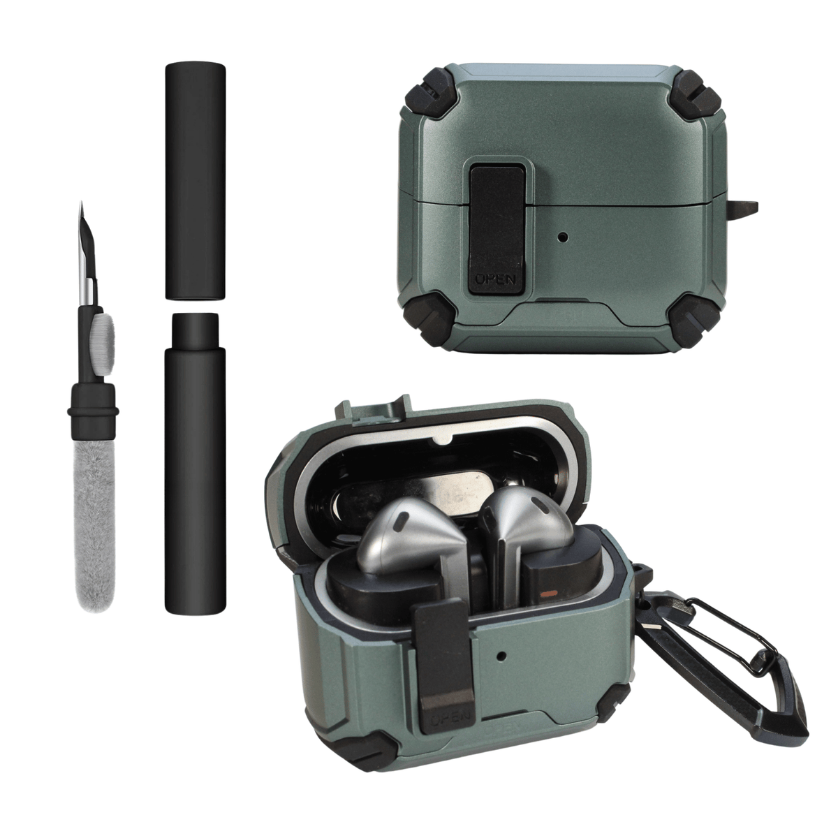 Kit Limpador para Fone e Capa Protetora Nerdcase para Galaxy Buds 3, Buds 3 Pro, Buds3 Fe, Suporte, Airtrek Verde Cintil
