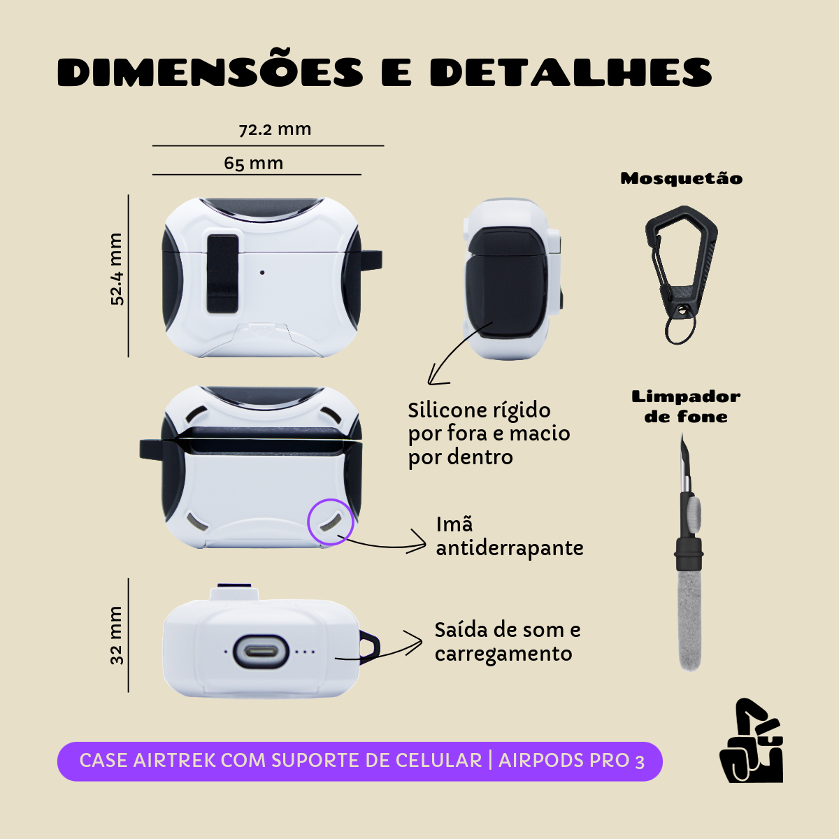 Kit Limpador para Fones e Capa Protetora Airtrek Nerdcase para AirPods Pro 3, Suporte Adaptado, Preto e Branco
