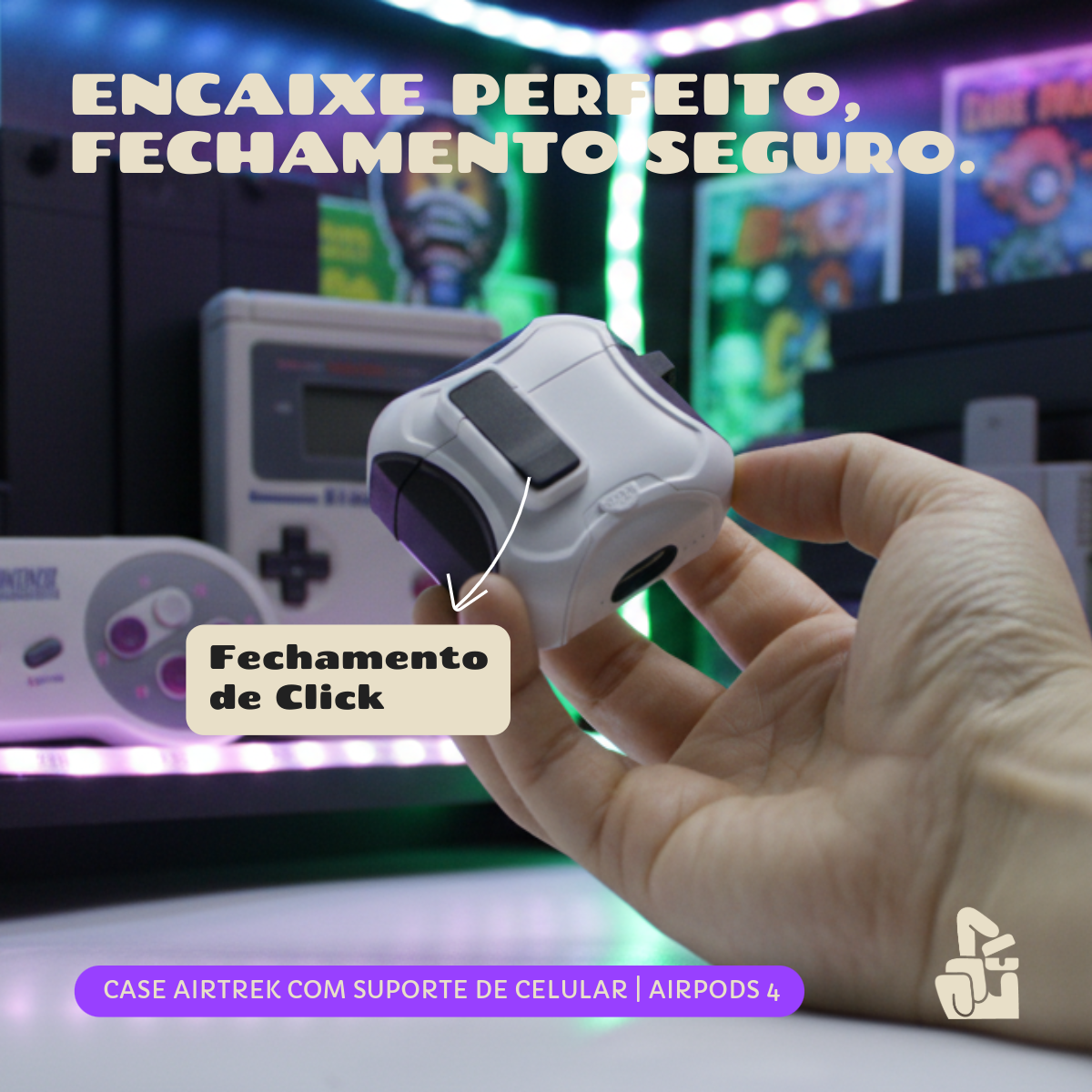 Capa Airtrek Nerdcase para AirPods 4, Suporte Adaptado, Preto e Branco