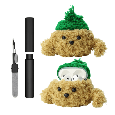 Kit Limpador para Fones e Capa de Pelúcia Nerdcase para AirPods 4, Cachorro Beanie Brown