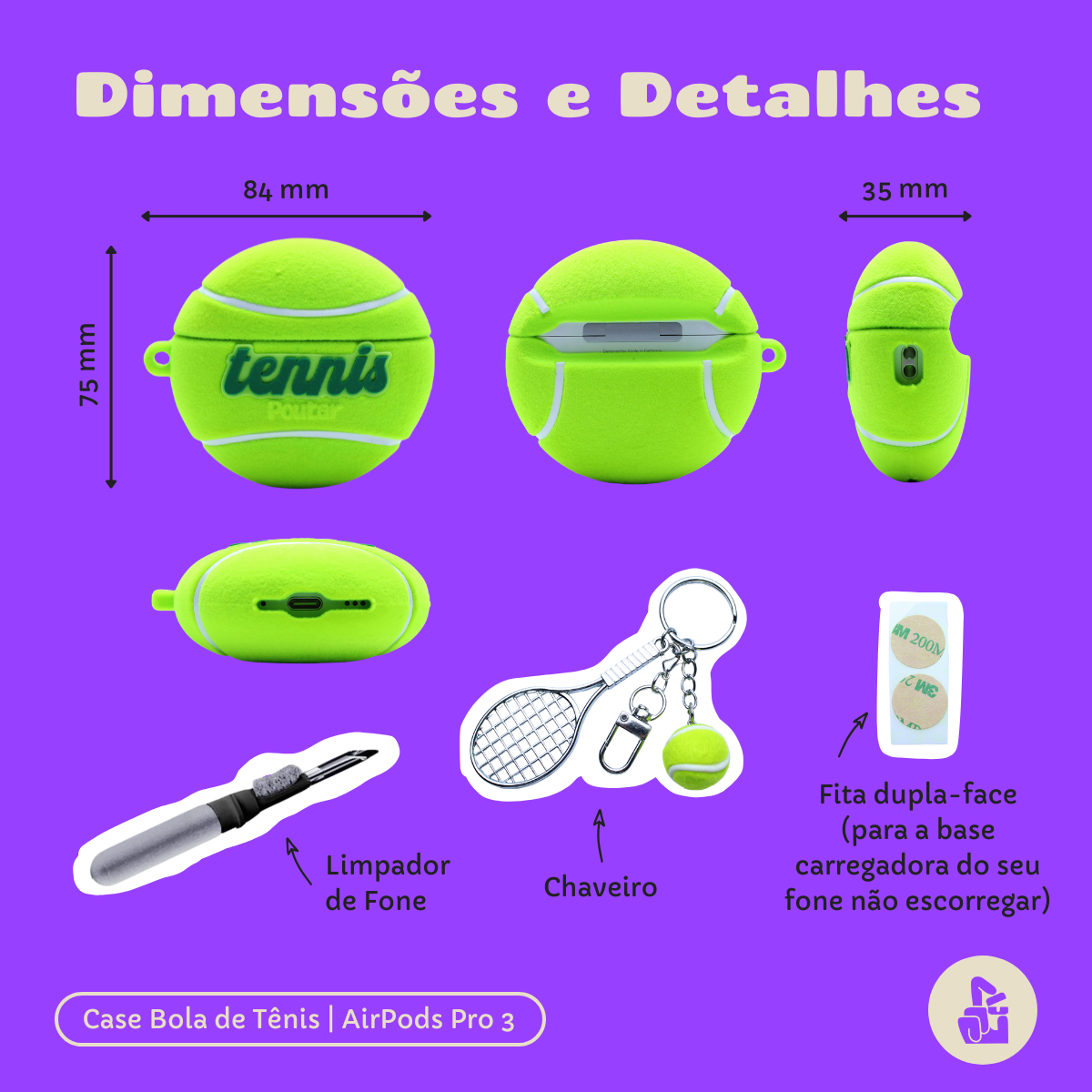 Kit Limpador para Fones e Capa Protetora Nerdcase para AirPods Pro 3, Bola de Tênis