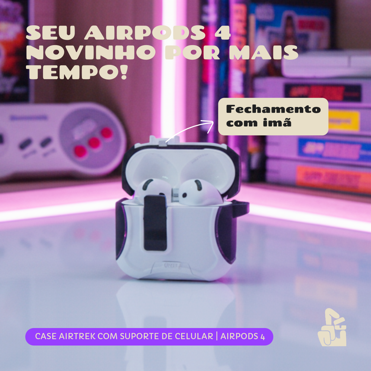 Kit Limpador para Fones e Capa Airtrek Nerdcase para AirPods 4, Suporte Adaptado, Preto e Branco