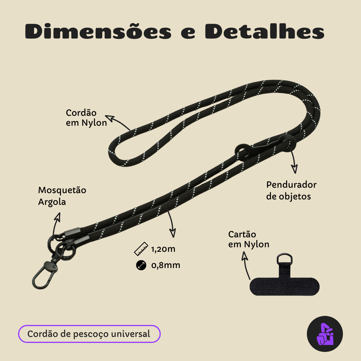 Cordão Universal Nerdcase para Celular, Poliéster, Cinza Rajado