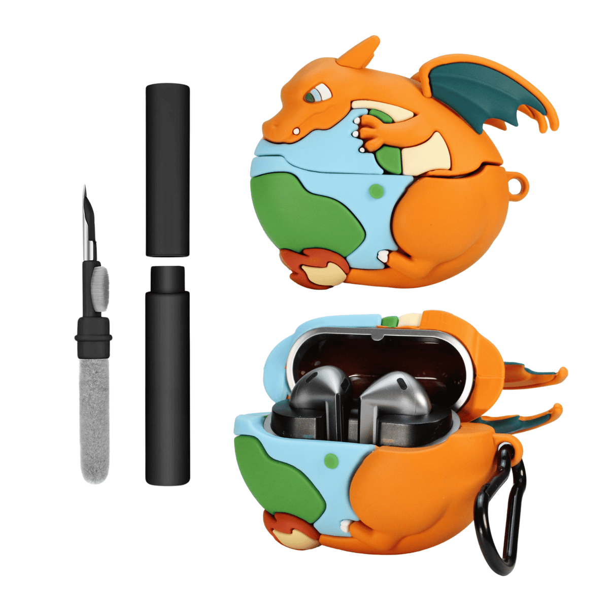 Kit Limpador para Fone e Capa Protetora Nerdcase para Galaxy Buds 3, Buds 3 Pro, Buds3 Fe, Silicone, Pokémon Sharizard