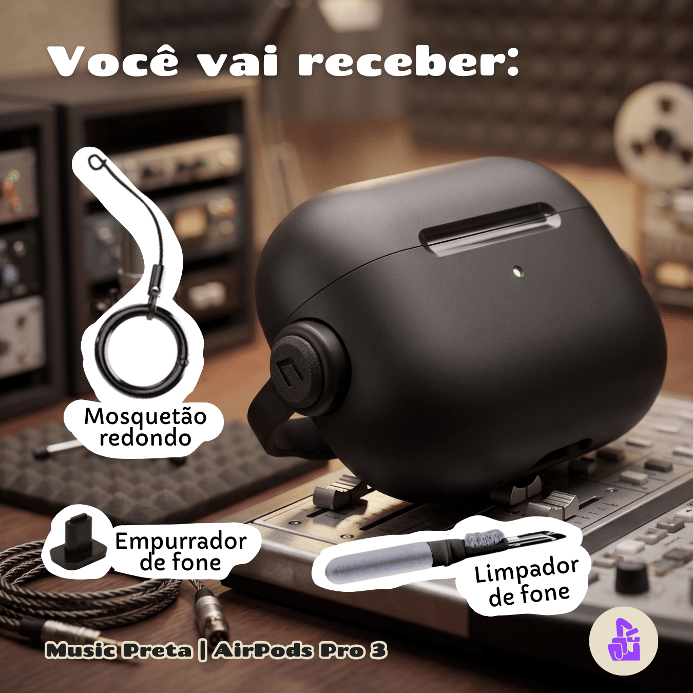 Kit Limpador para Fones e Capa Protetora de Silicone Nerdcase para AirPods Pro 3, Music Preta