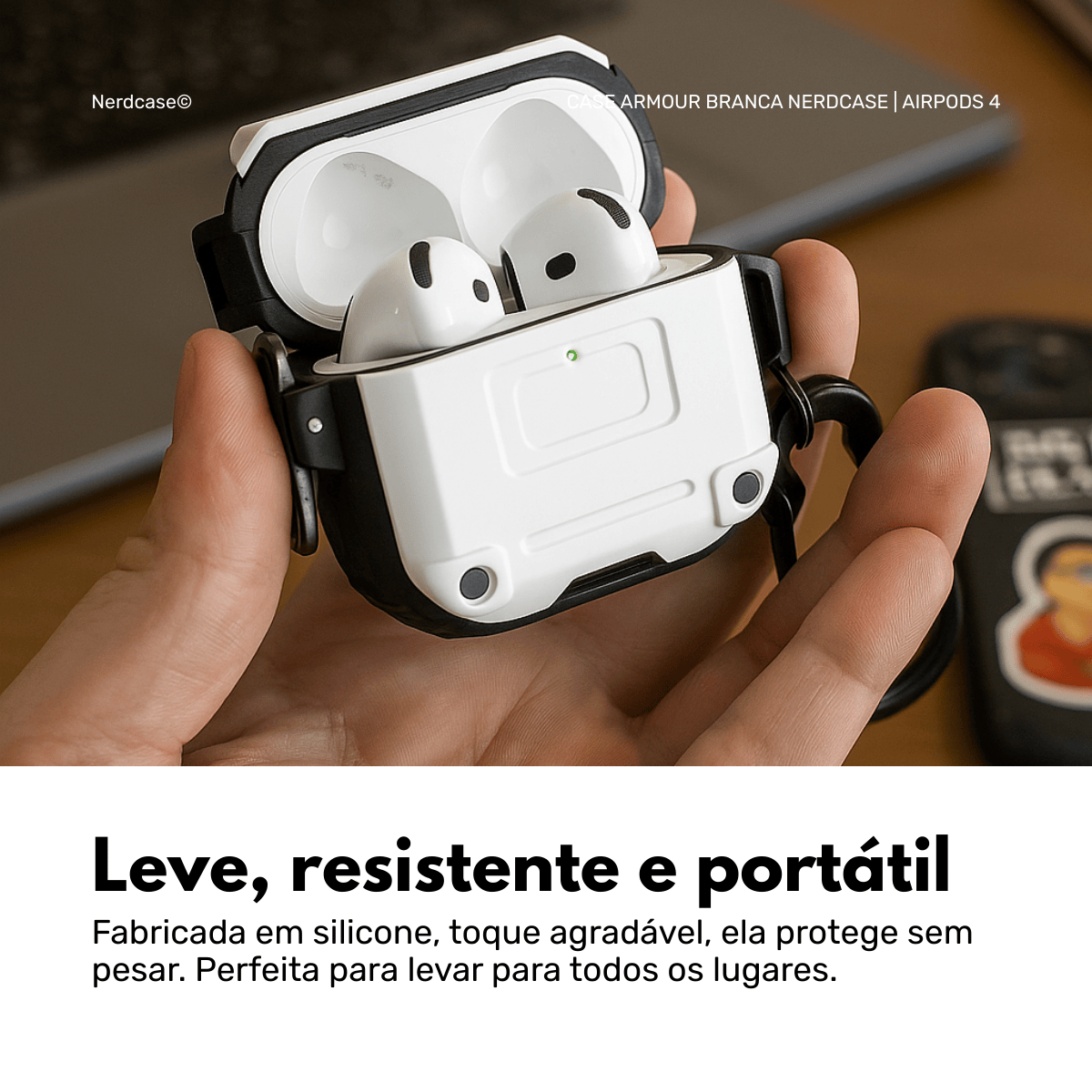 Capa Resistente Armour Nerdcase, Compatível com AirPods 4, Branca e Preta