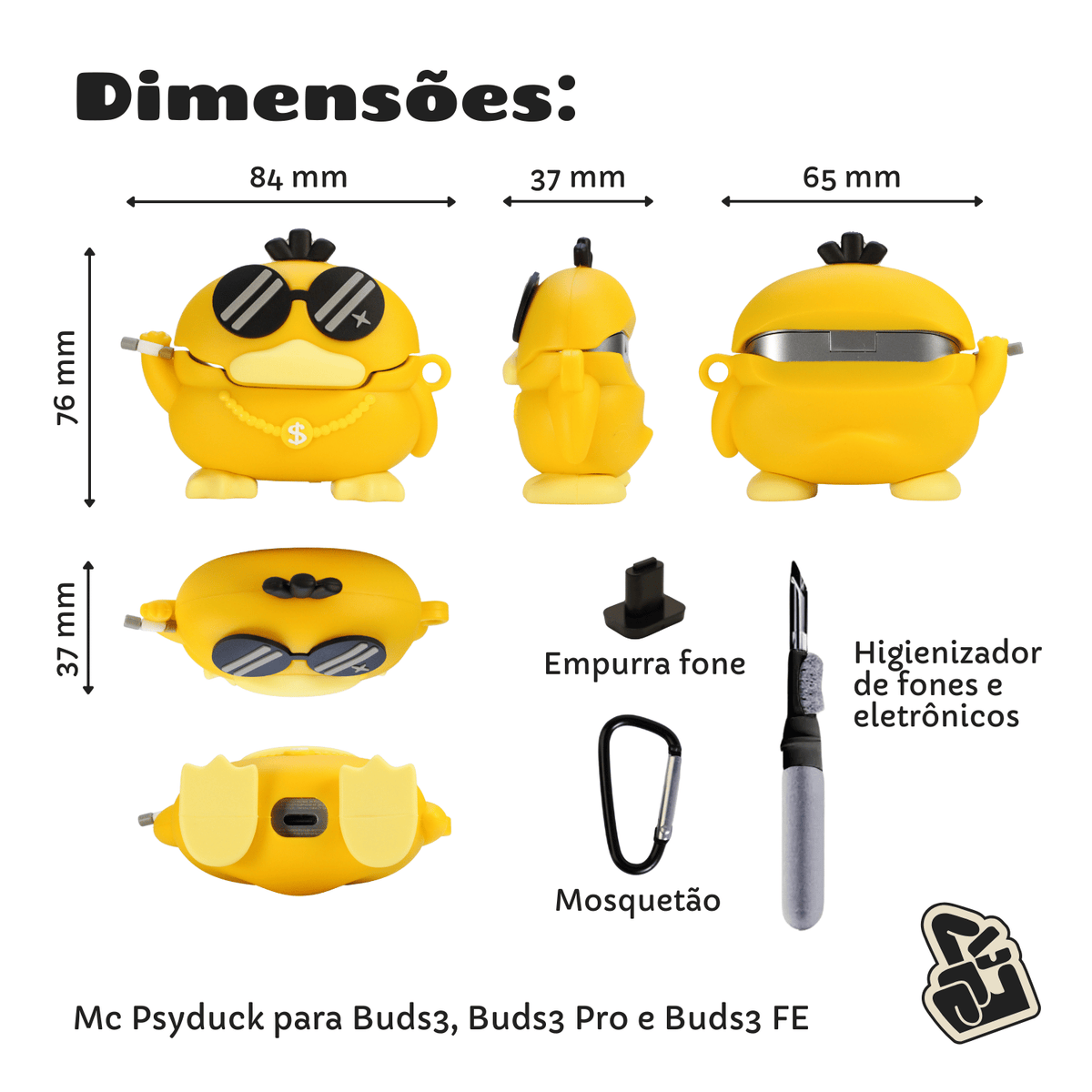 Kit Limpador para Fone e Capa Protetora Nerdcase para Samsung Galaxy Buds 3, Buds 3 Pro, Buds 3 Fe, Mc Psyduck