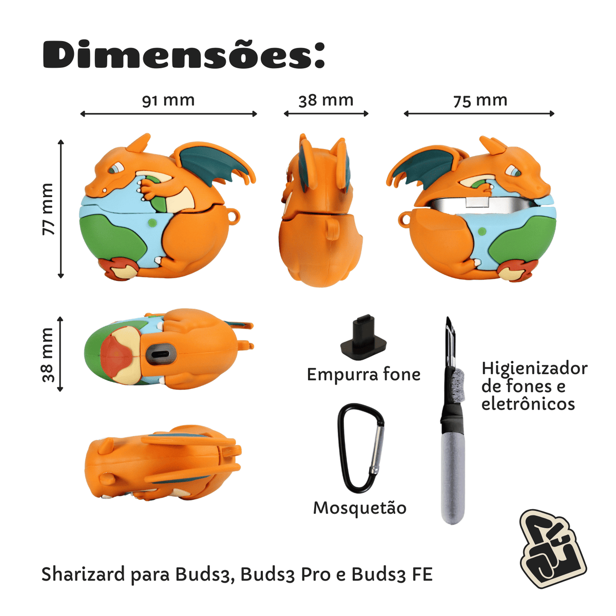 Kit Limpador para Fone e Capa Protetora Nerdcase para Galaxy Buds 3, Buds 3 Pro, Buds3 Fe, Silicone, Pokémon Sharizard