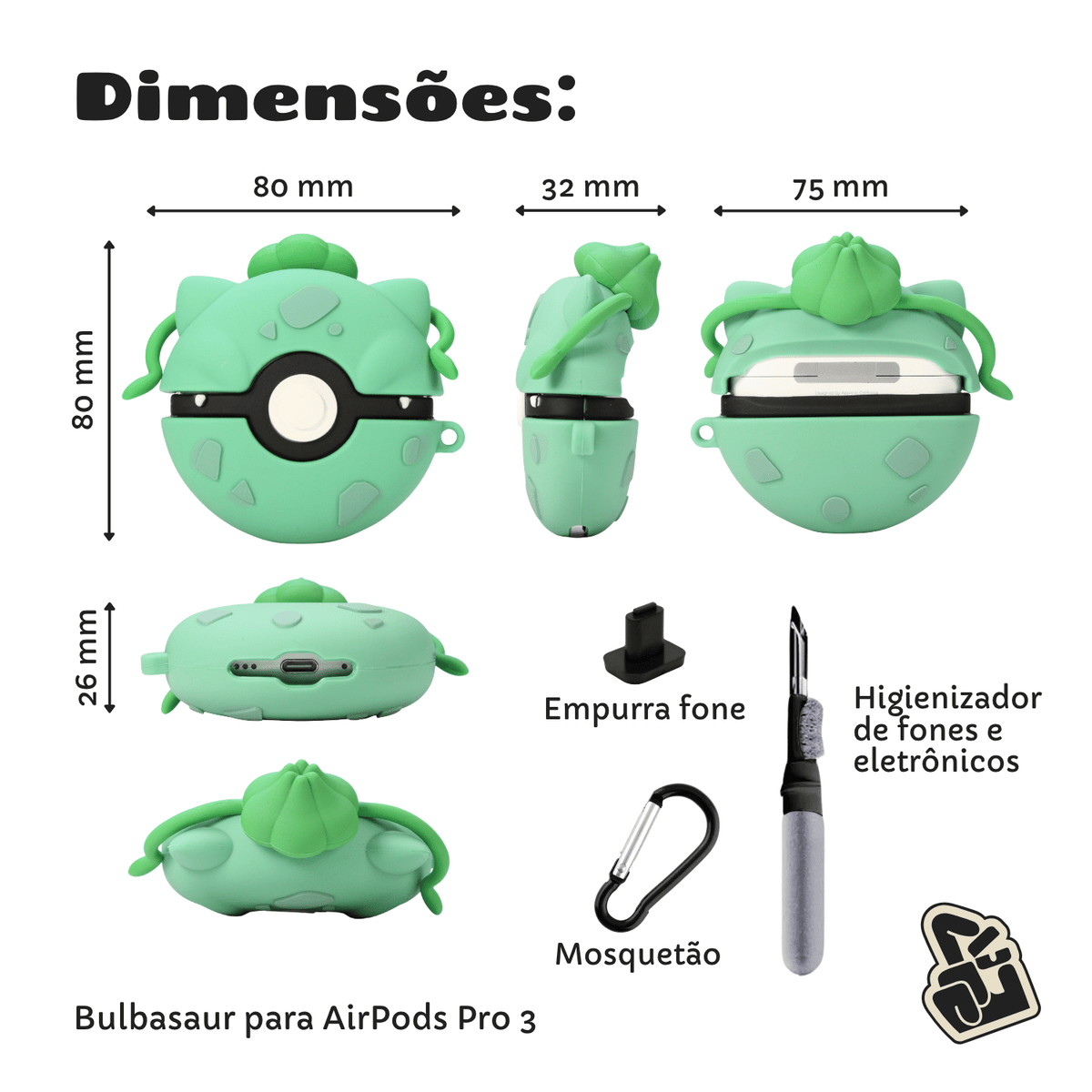 Kit Limpador para Fone e Capa Protetora Nerdcase para AirPods Pro 3, Silicone, Pokémon Bulbassauro