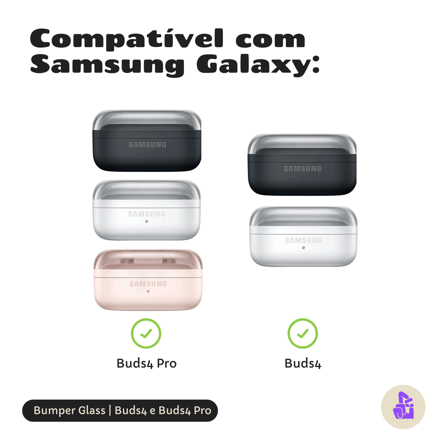 Kit Limpador para Fones e Capa Protetora Glass Nerdcase para Samsung Galaxy Buds 4, Preta e Transparente, Com Suporte Ad