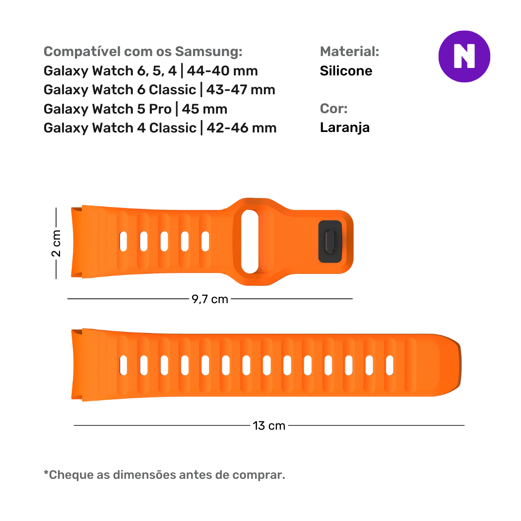 Pulseira 20mm entre Pinos para Samsung Galaxy Watch, Silicone, Laranja
