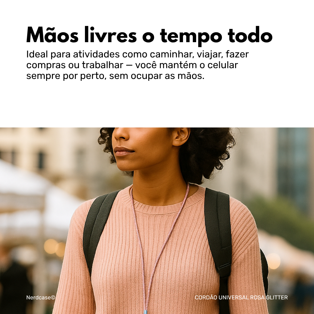 Cordão Universal Nerdcase para Celular, Poliéster, Rosa com Brilho