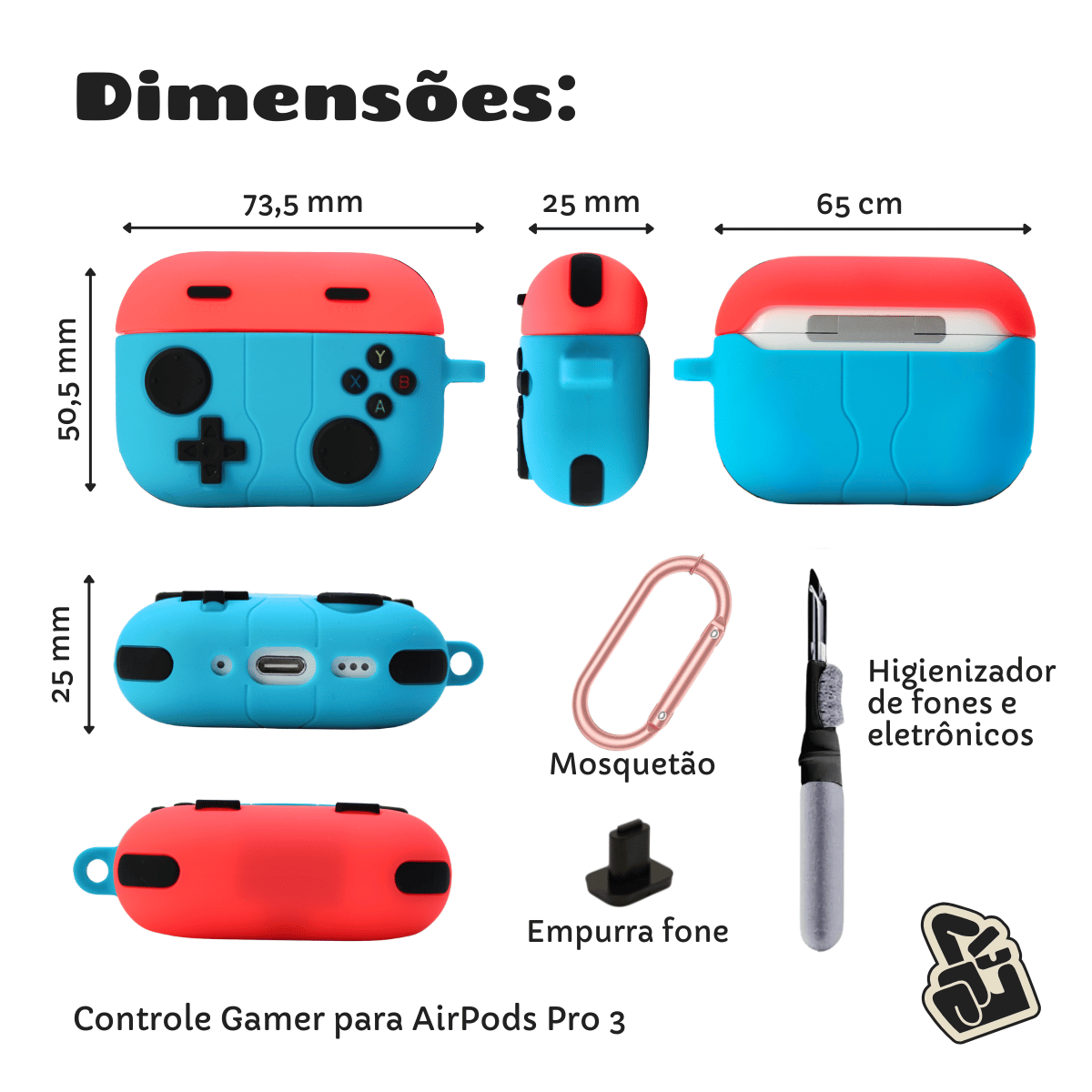 Kit Limpador para Fones e Capa Protetora de Silicone Nerdcase para AirPods Pro 3, Controle Gamer Azul