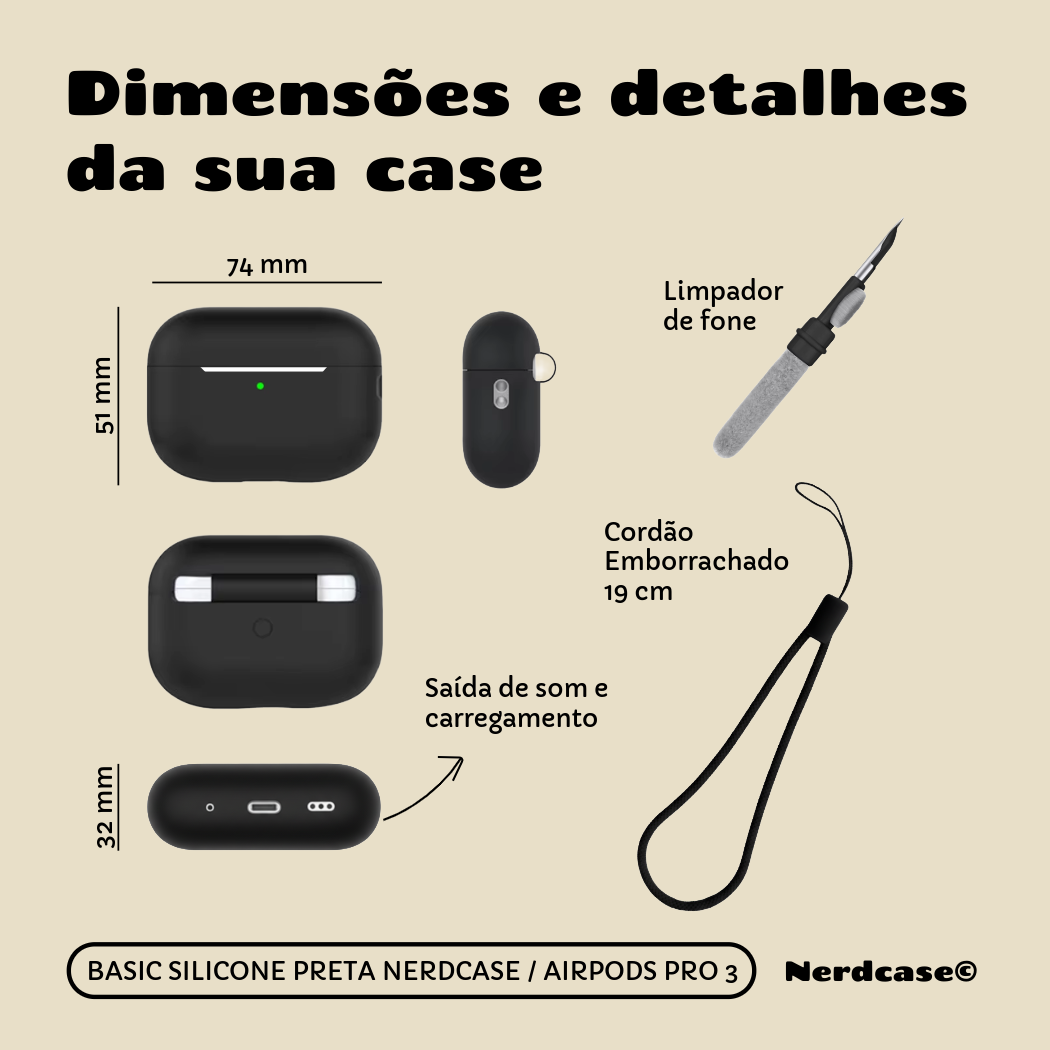 Kit Limpador para fones e Capa Protetora de Silicone Nerdcase para AirPods Pro 3, Preta