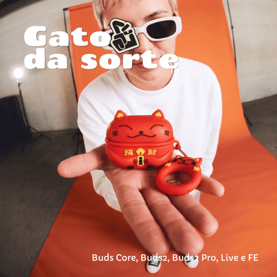 Capa Protetora Nerdcase para Samsung Galaxy Buds 2, Core, FE, Live e Pro, Silicone, Gato da Sorte