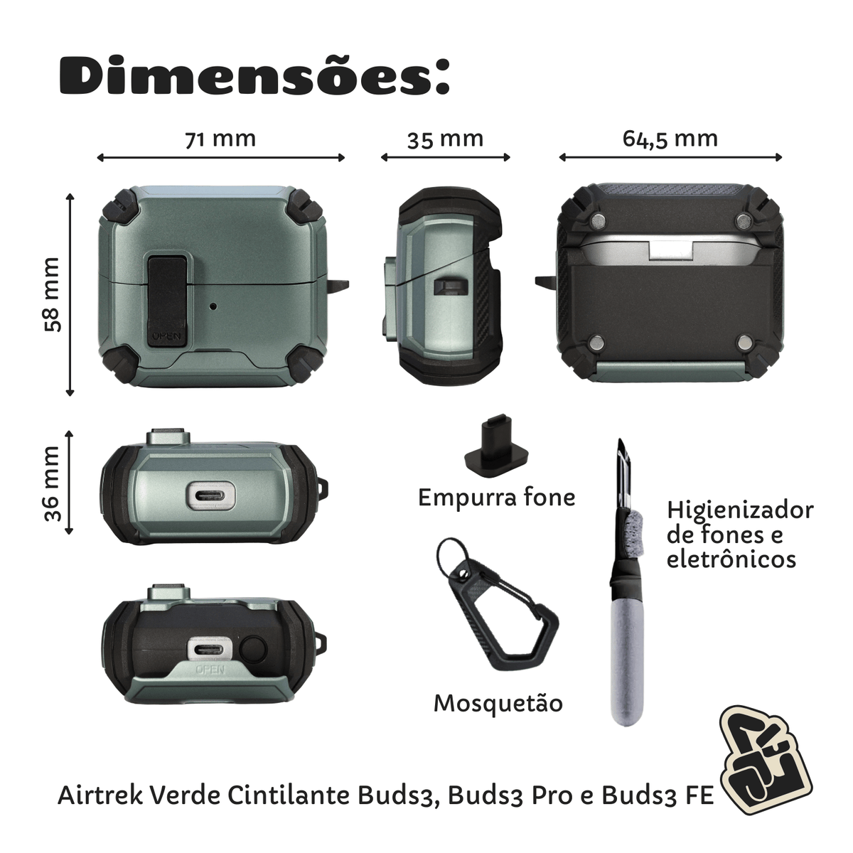 Kit Limpador para Fone e Capa Protetora Nerdcase para Galaxy Buds 3, Buds 3 Pro, Buds3 Fe, Suporte, Airtrek Verde Cintil