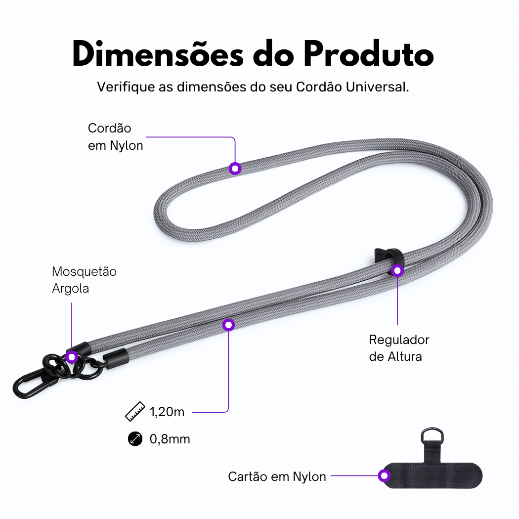 Cordão Salva Celular Universal, Reforçado, Cinza, Prata